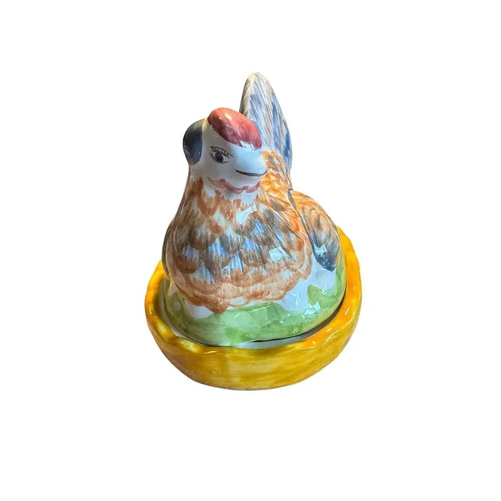 2 pc Chicken Canister Lid Colorful Ceramic Hen Candy Jar Trinket‎ Made Portugal